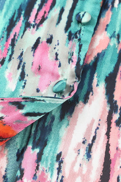 Green Abstract Print V Neck Long Sleeve Blouse for Women