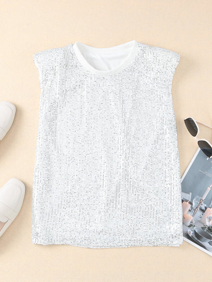 Apricot Sparkle Sleeveless Top with Round Neck