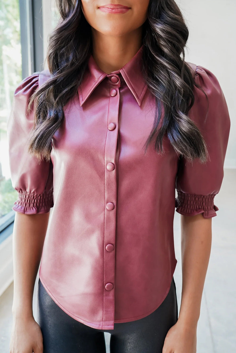 Red Dahlia Solid Color Faux Suede Button Down Frilled Short Sleeve Shirt