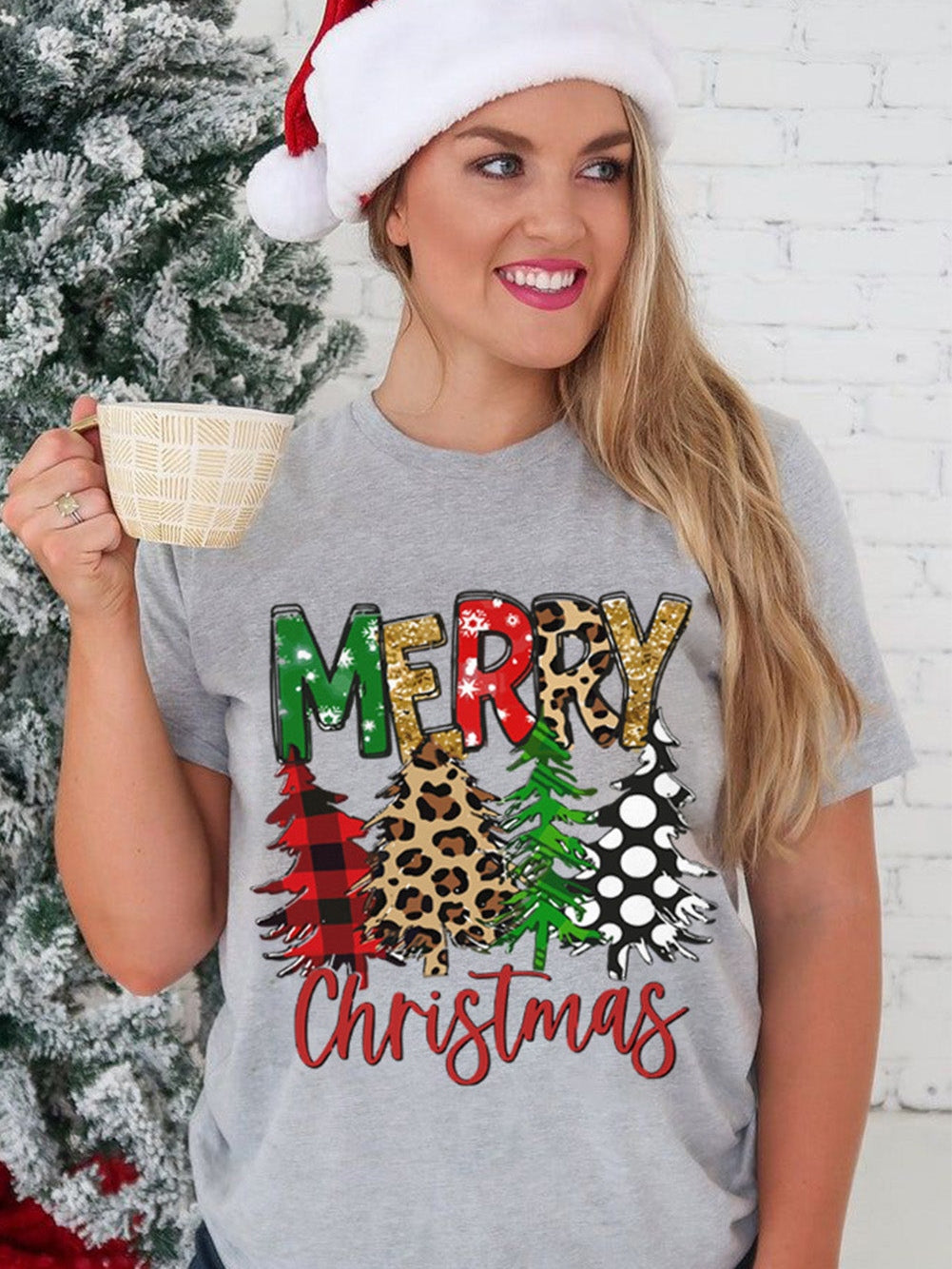 Festive Christmas Tree Patterned Gray Crew Neck Tee