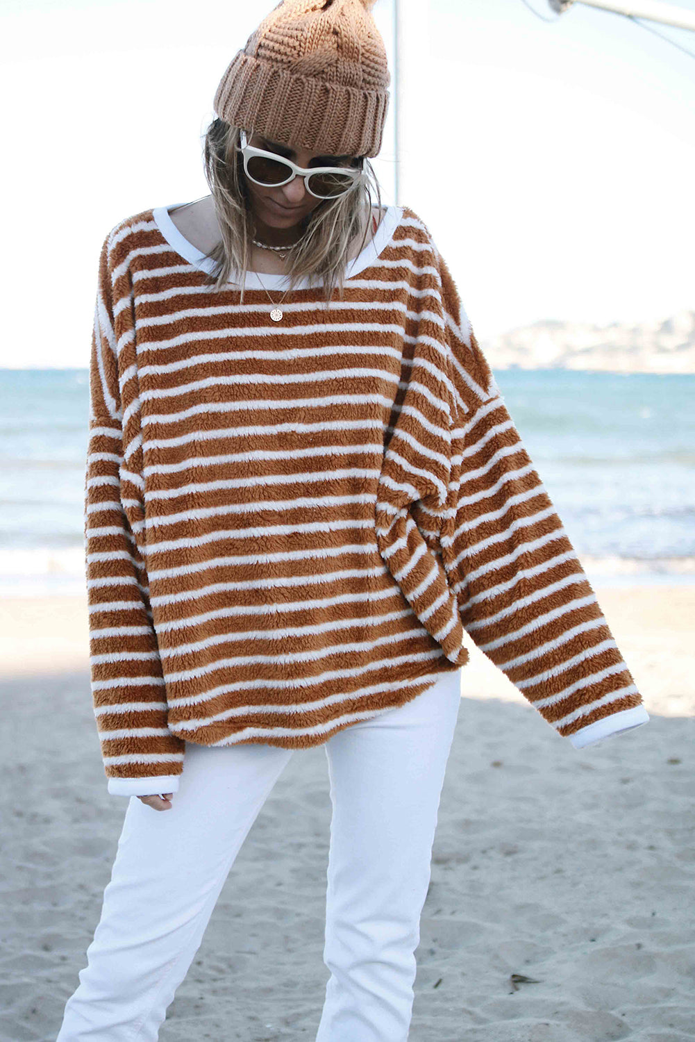 Brown Stripe Plush Drop Shoulder Round Neck Baggy Sweatshirt