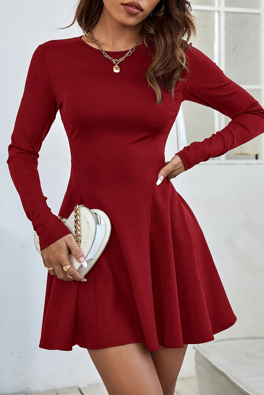 Red Dahlia Solid Color Long Sleeve Fit-and-flare Mini Dress