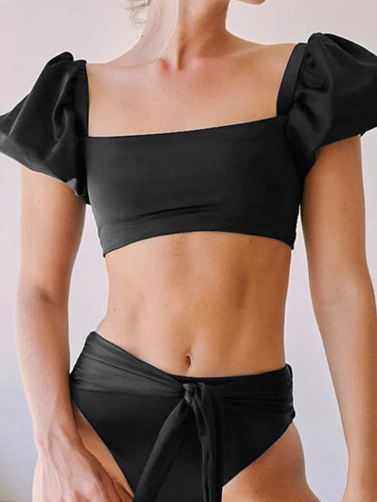 French Romance Black High Waisted Bikini with Puff Sleeves