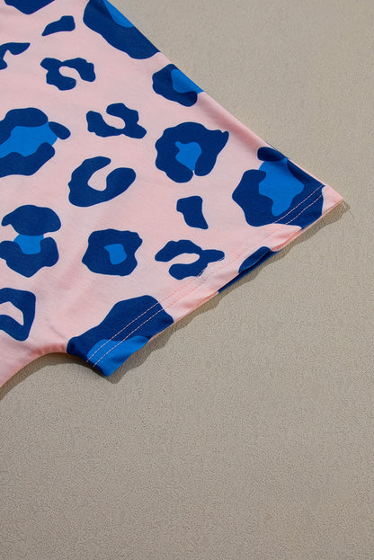 Pink Leopard Print Oversized V Neck Plus Size Tee