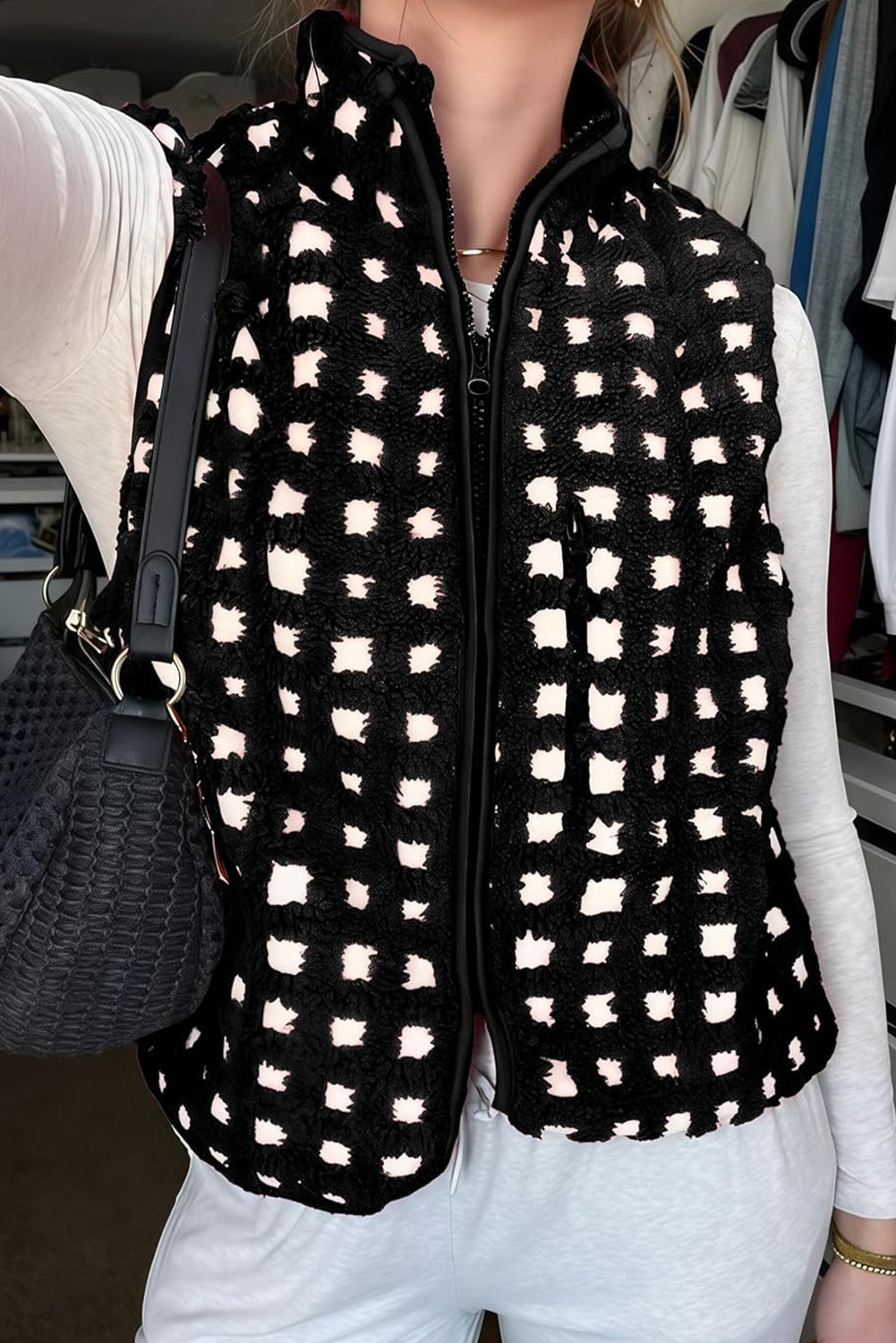 Black Checkered Texture Plush Zip Up Winter Vest