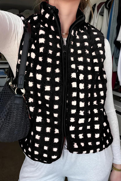 Black Checkered Texture Plush Zip Up Winter Vest