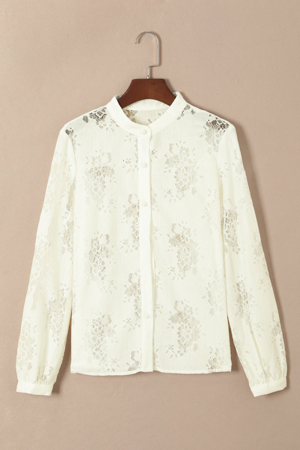 White Floral Lace Stand Neck Textured Shirt