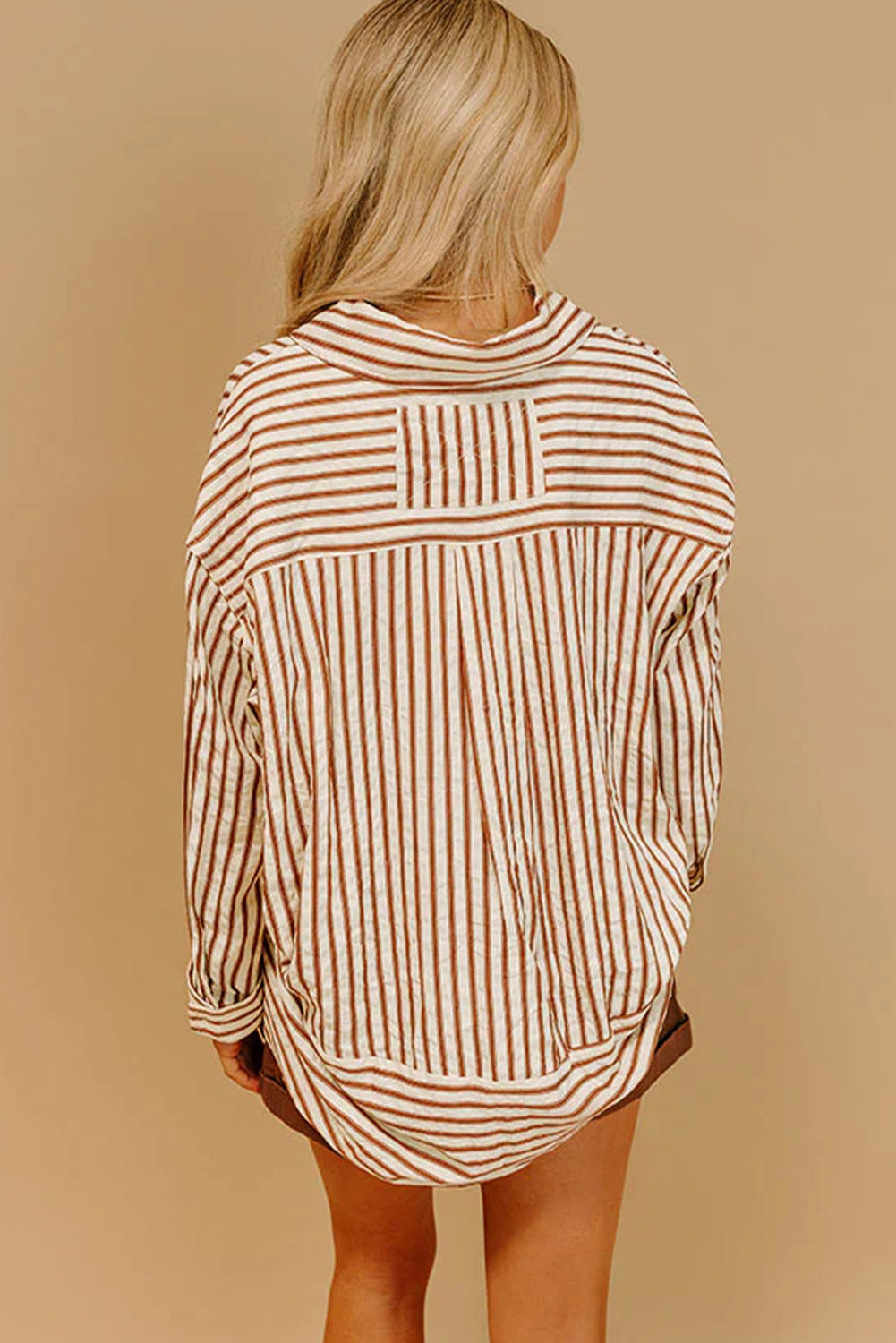 Brown Stripe Textured Hi Low Rounded Hem Casual Shirt with Slits