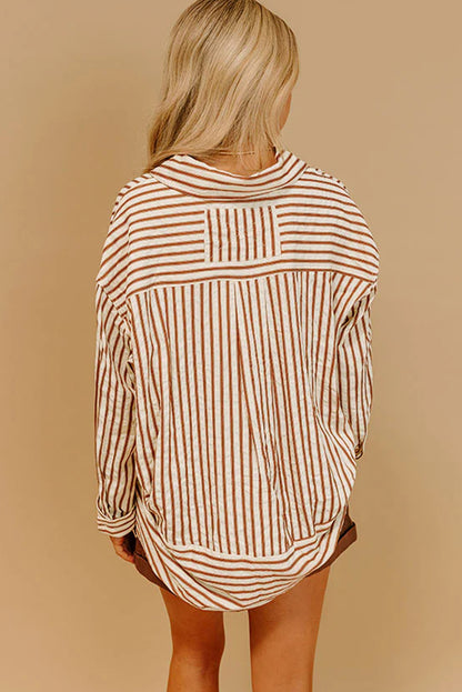 Brown Stripe Textured Hi Low Rounded Hem Casual Shirt with Slits