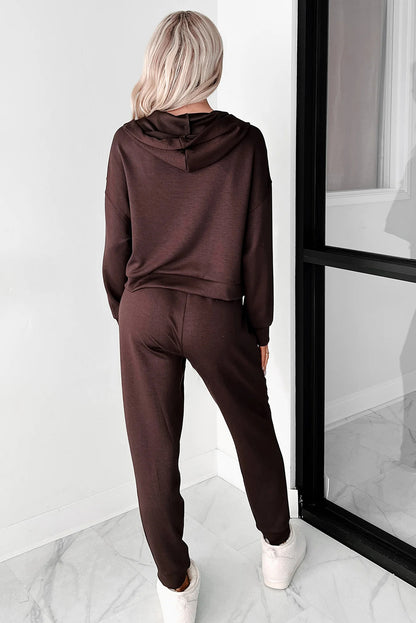 Chicory Coffee Button Drawstring Cropped Hoodie Sweatpants 2pcs Set