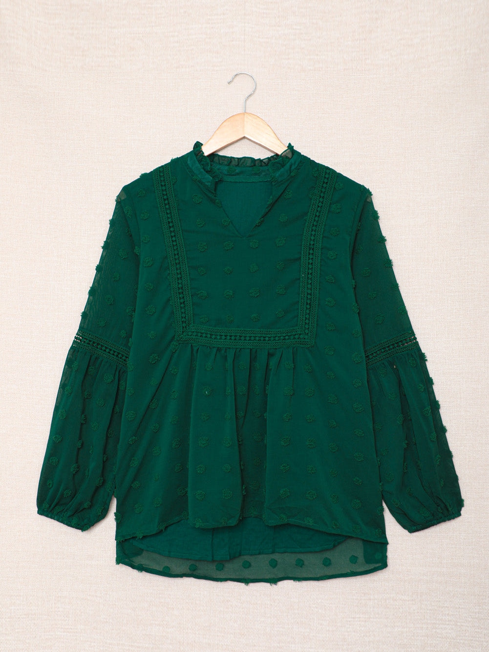 Green Polka Dot Lace Ruffle Split Neck Puff Sleeve Blouse