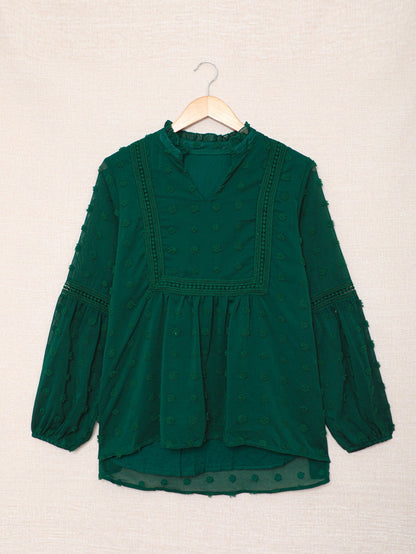 Green Polka Dot Lace Ruffle Split Neck Puff Sleeve Blouse