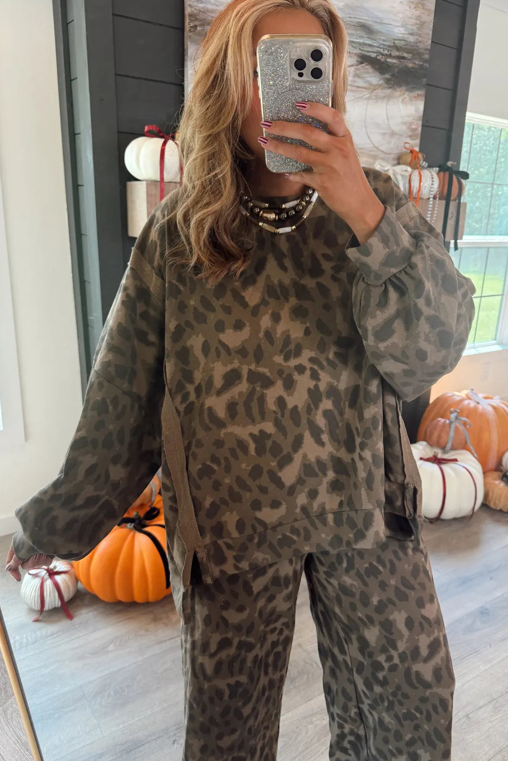 Brown Leopard Print Raw Seam Patchwork Pullover Drawstring Loose Pant Set