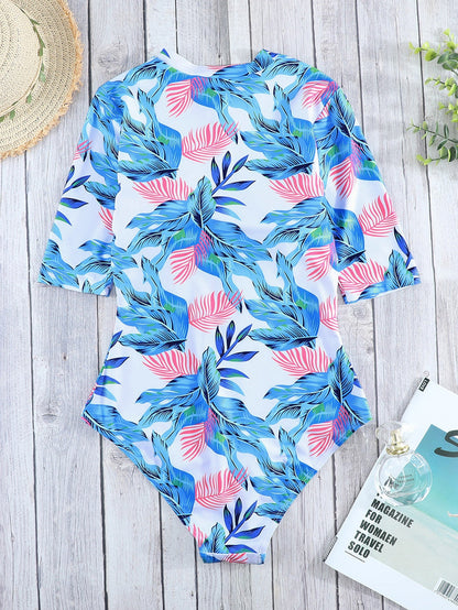 Floral Print Zip Front Half Sleeve Beach One Piece Swimsuit