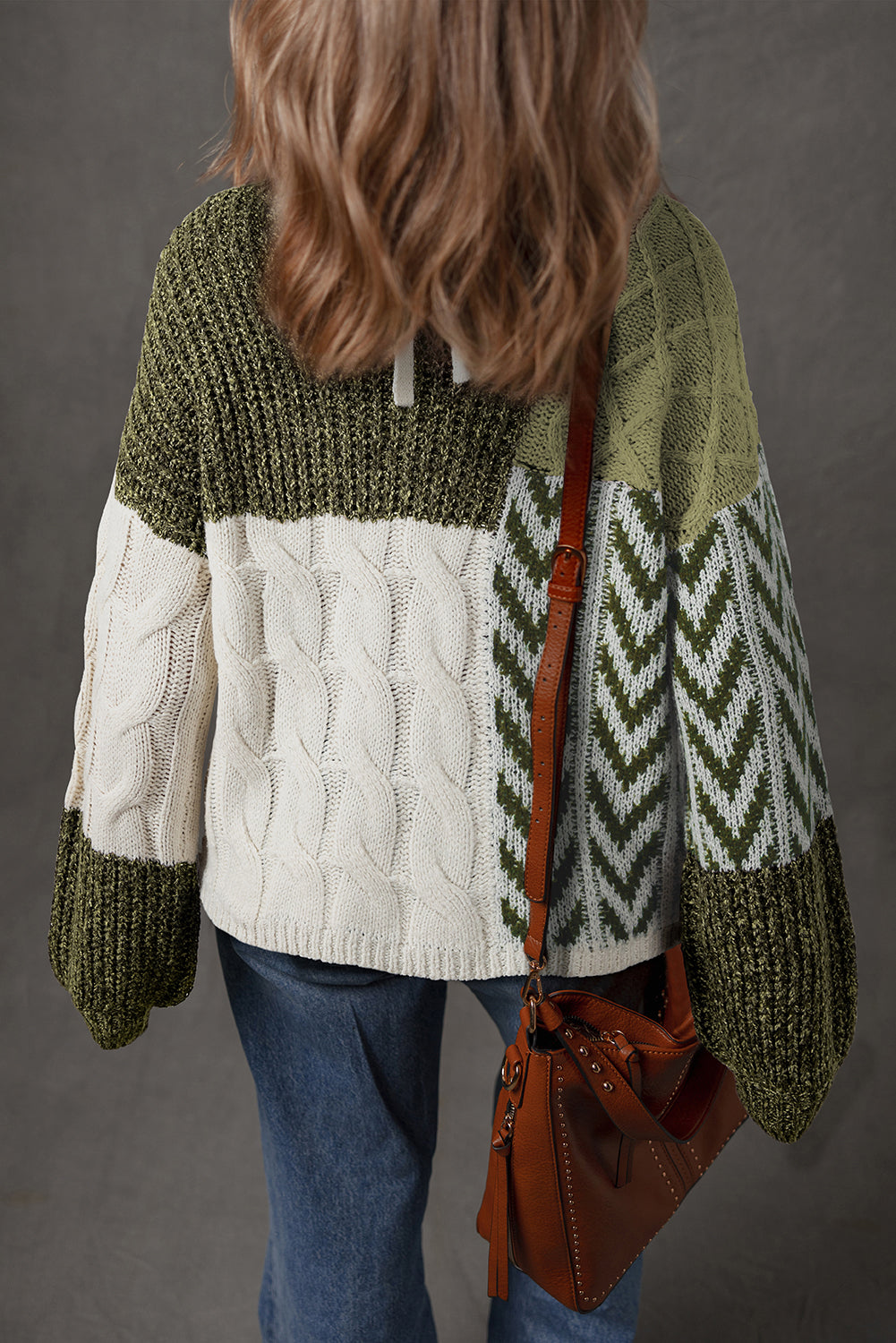 Green Color Block Patchwork Knotted Back Loose Fit Sweater