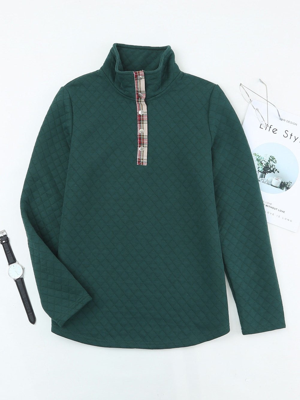 Green Plaid Trim Sweatshirt with Geometric Texture