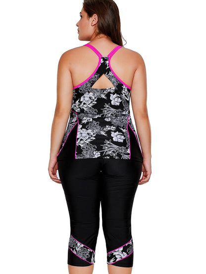 Flowery Print Black Tankini Set with Capris - Chic Swimwear Choice