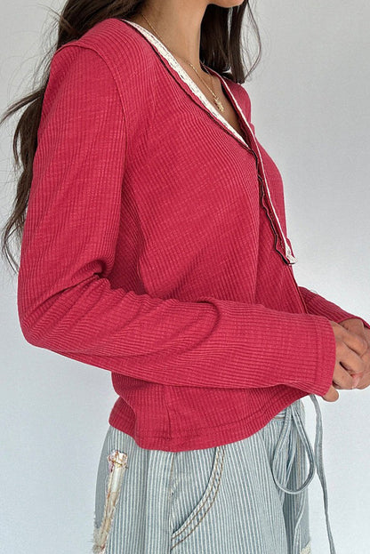 Pitaya Pink Ribbed Knit Long Sleeve Lace Trim V Neck Buttoned Pullover Top
