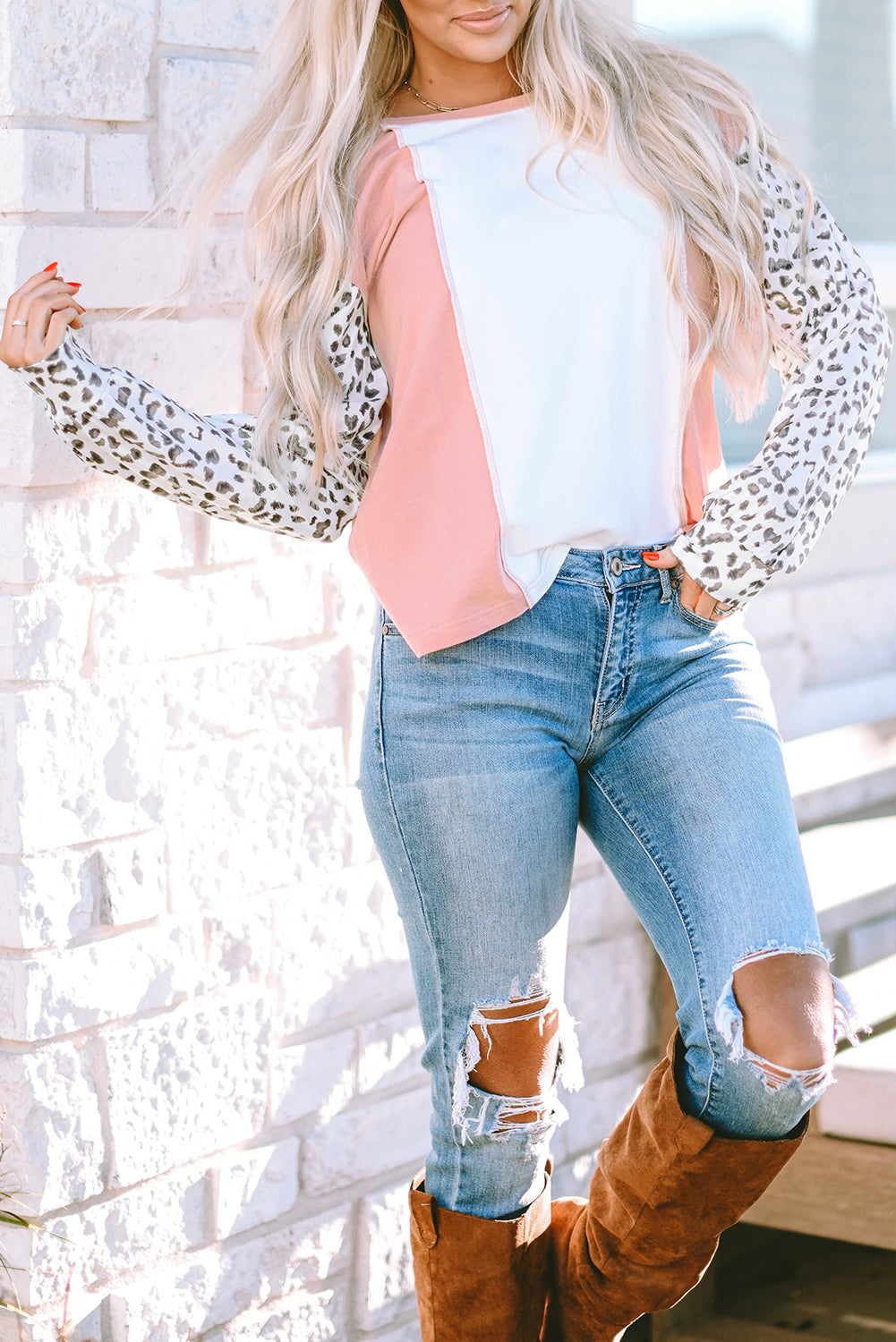 Apricot Leopard Colorblock Patchwork Long Sleeve Top