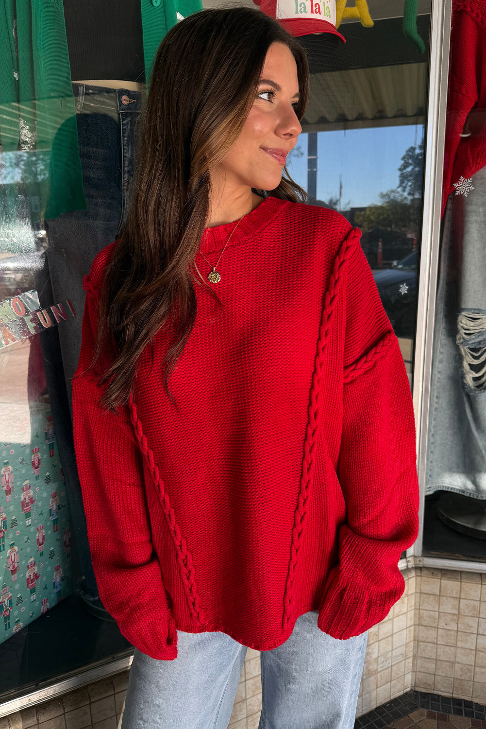 Racing Red Braided Accent Relaxed Festive Holiday Sweater