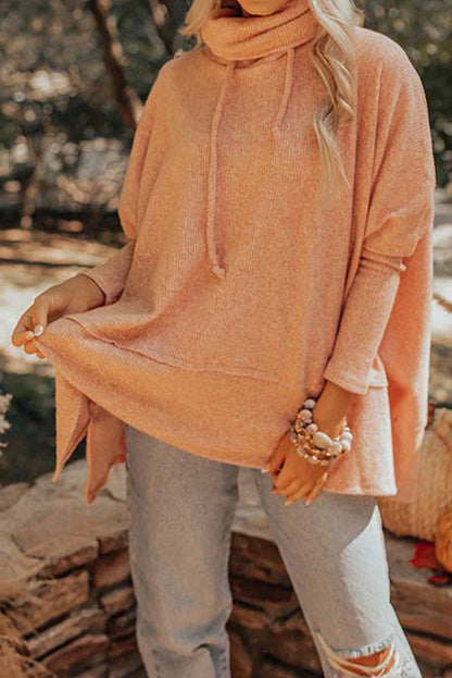 Apricot Pink Textured Knit Drawstring Cowl Neck Oversize Top with Side Slits