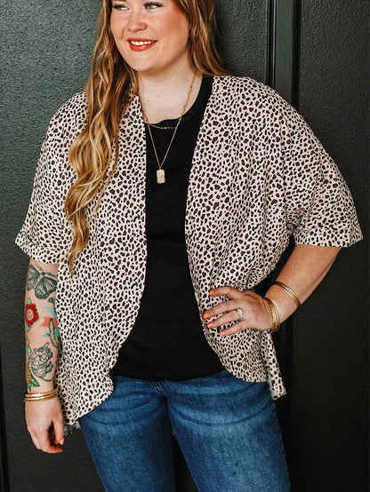 Leopard Print Khaki Plus Size Open Front Cardigan with Half Sleeves