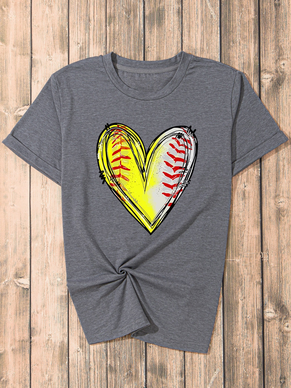 Baseball Heart Print Gray Crew Neck Tee