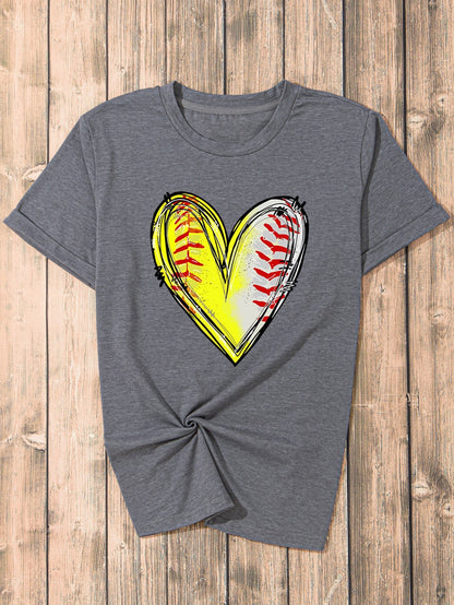 Baseball Heart Print Gray Crew Neck Tee