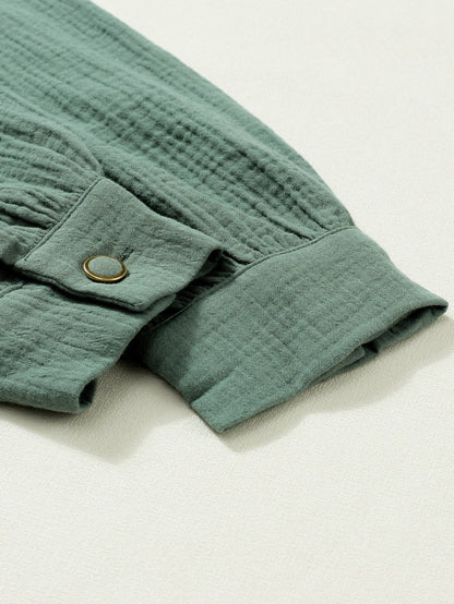 Green Crinkled Shirt with Frilled Split Neck