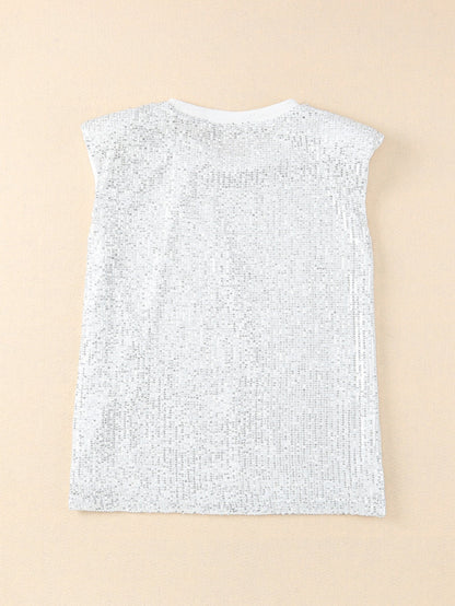 Apricot Sparkle Sleeveless Top with Round Neck