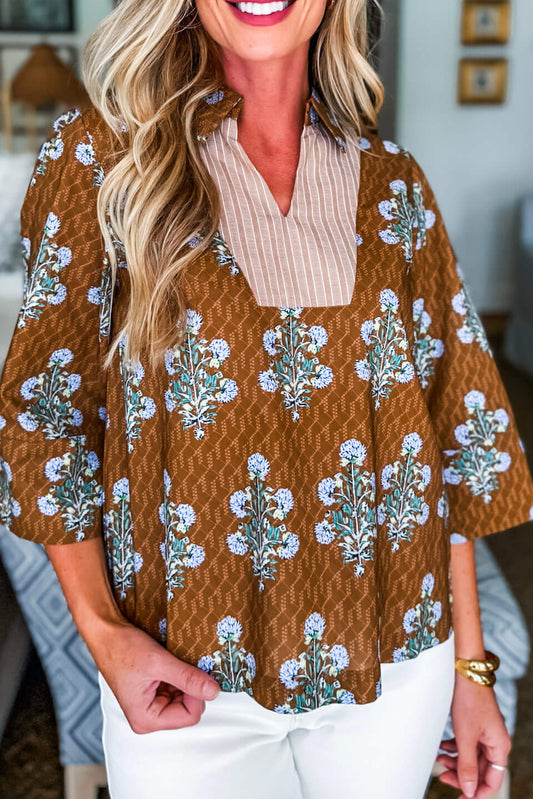 Brown Floral Print 3/4 Sleeve Contrast V Neck Patchwork Blouse