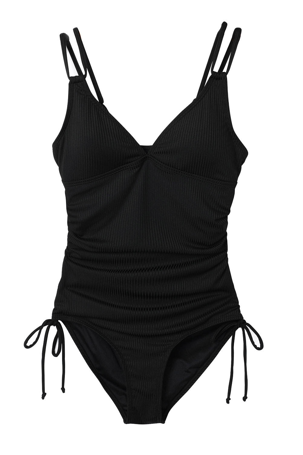 Beach Babe Black Ribbed Knit One Piece Swimsuit with Adjustable Straps