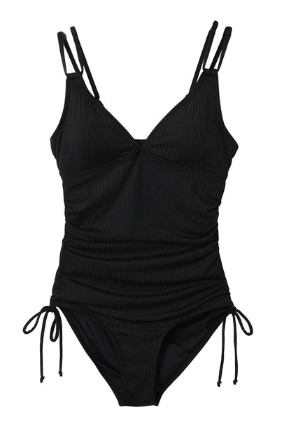 Beach Babe Black Ribbed Knit One Piece Swimsuit with Adjustable Straps