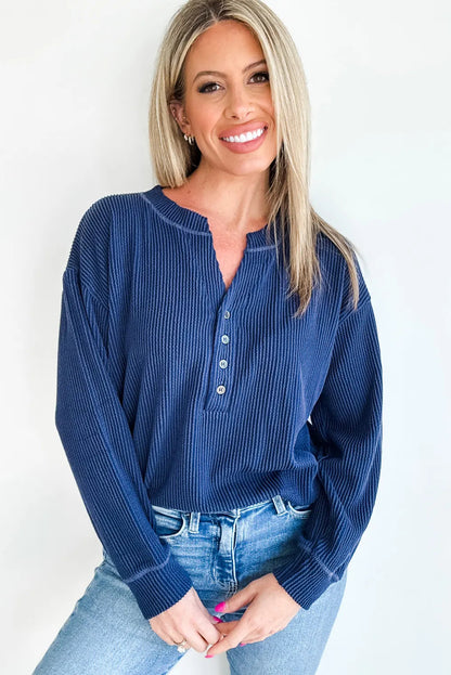 Navy Blue Twisted Ribbed Half Button Long Sleeve Loose Top