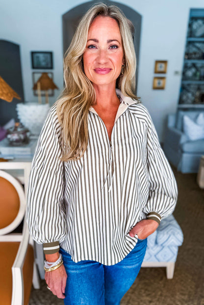 Khaki Stripe Tie Zip Contrast Trim Long Puff Sleeve Blouse