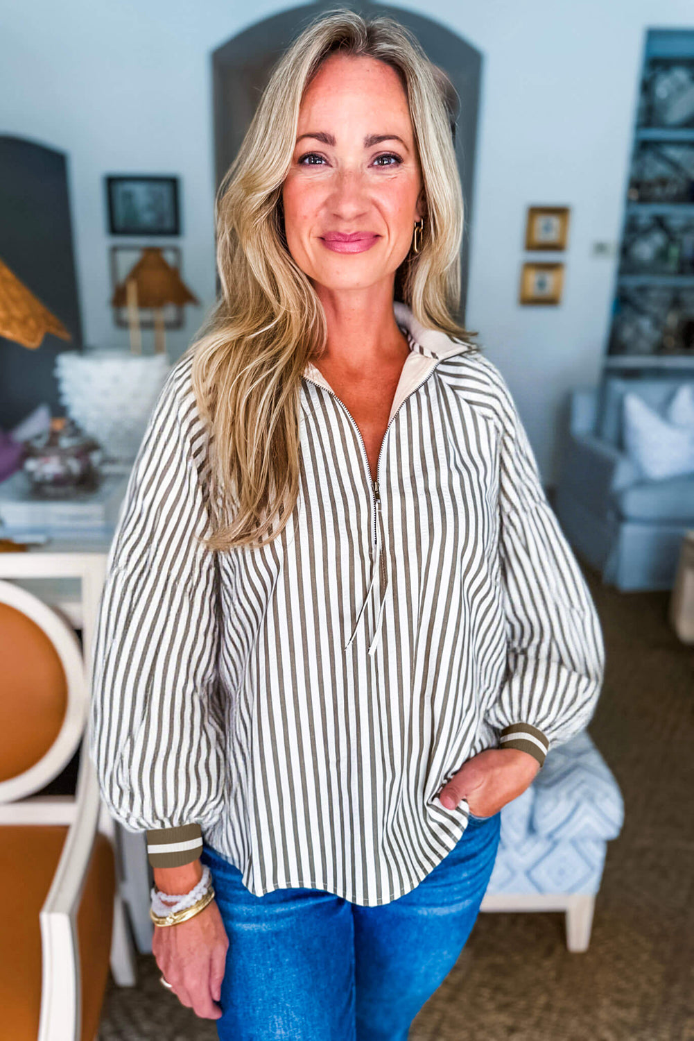 Khaki Stripe Tie Zip Contrast Trim Long Puff Sleeve Blouse