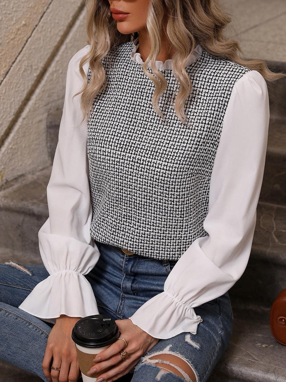 Elegant Black Tweed Top with Frill Neck and Flounce Sleeves