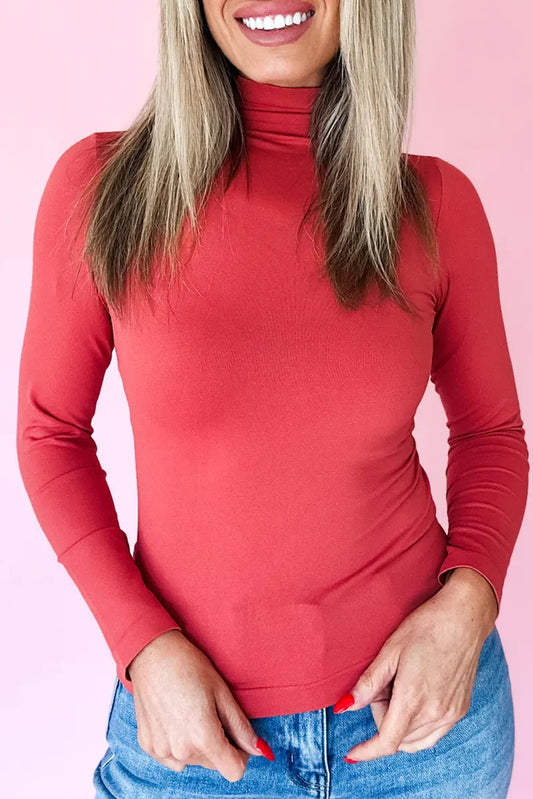 Coral Slim Fit High Neck Long Sleeve Basic Top