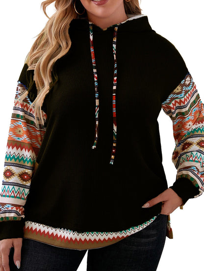 Black Aztec Patchwork Sleeve Waffle Drawstring Plus Hoodie