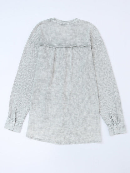 Gray Crinkle Texture Henley Top with Loose Fit