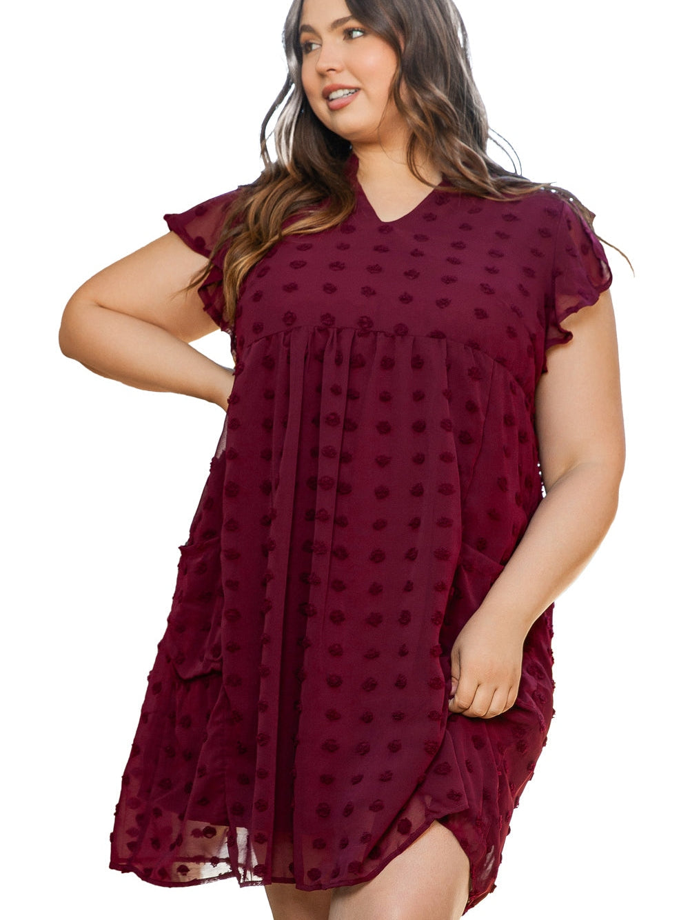 Swiss Dot Burgundy Plus Size V-Neck Mini Dress with Ruffled Sleeves