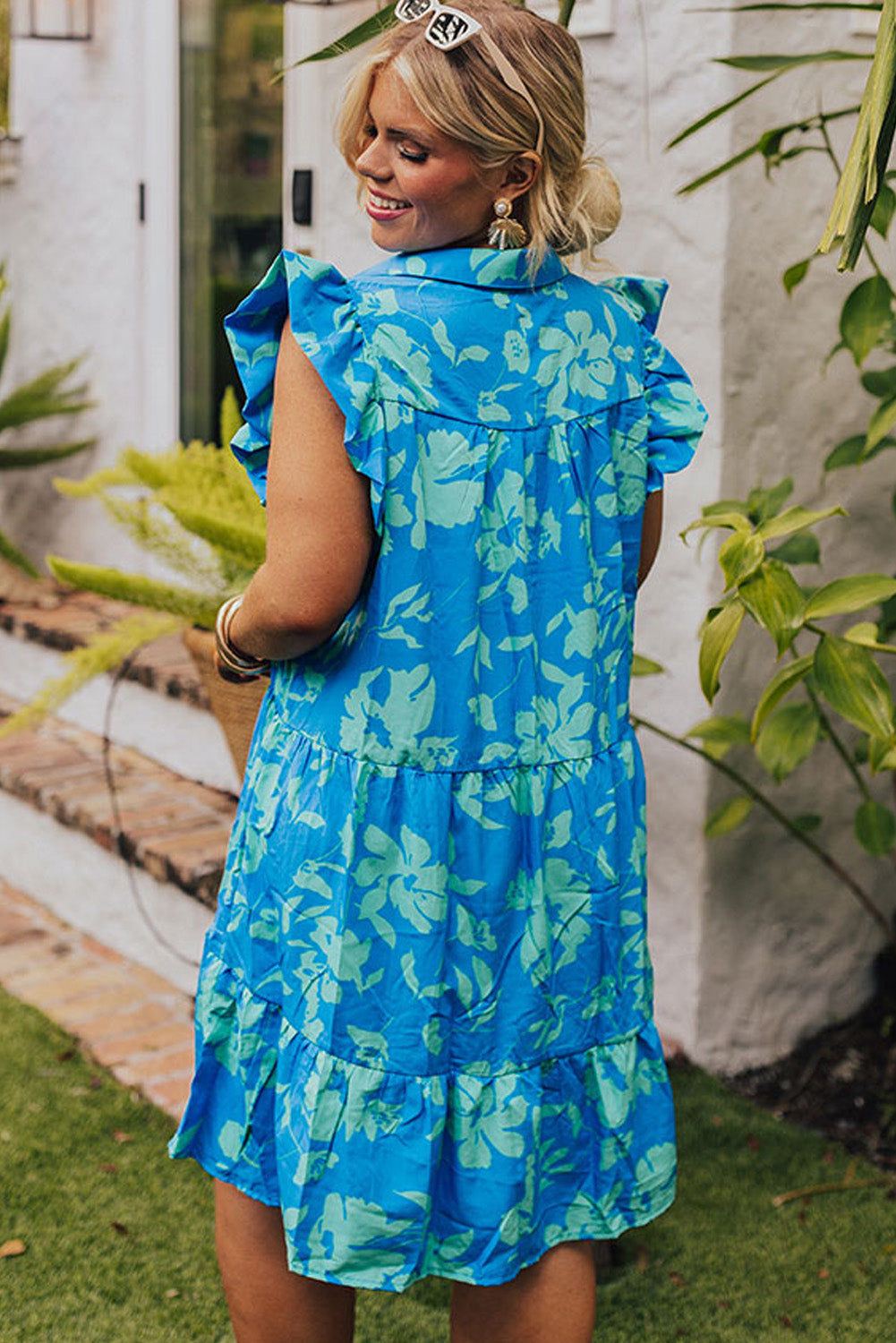 Sky Blue Floral Print Plus Size Flutter Sleeve Mini Dress with Button Detail