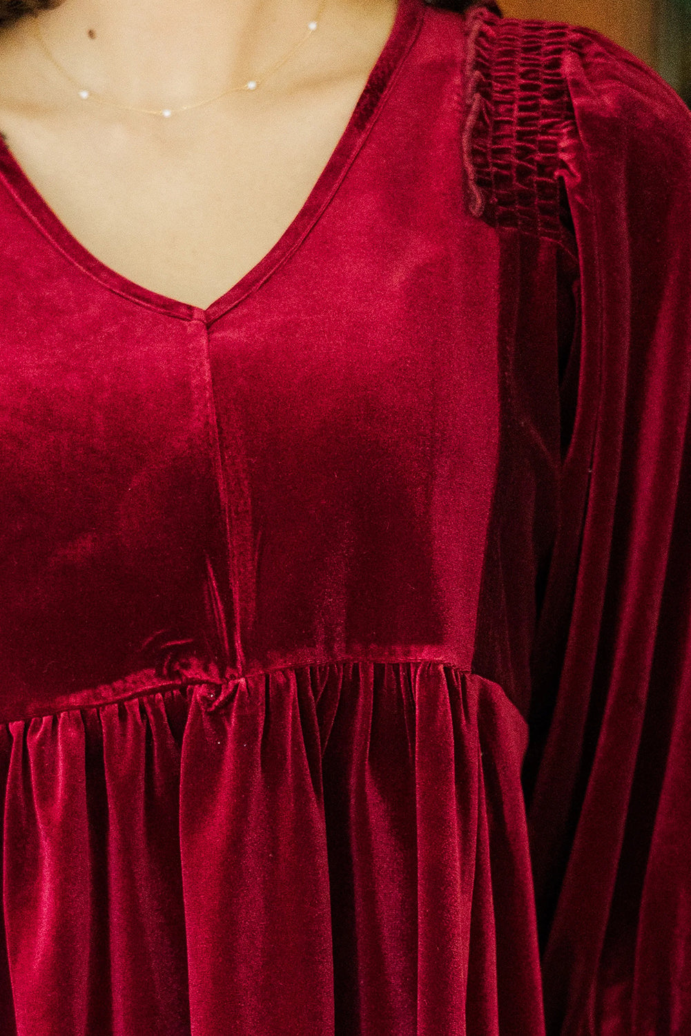 Burgundy Frilly Shirred Detail V Neck Velvet Peplum Tunic Blouse