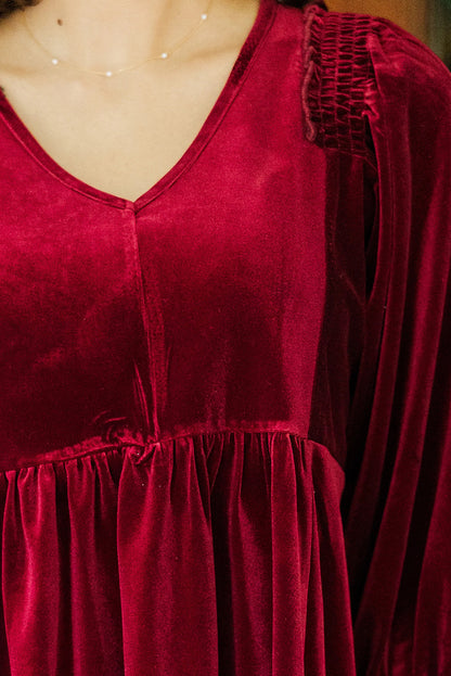 Burgundy Frilly Shirred Detail V Neck Velvet Peplum Tunic Blouse