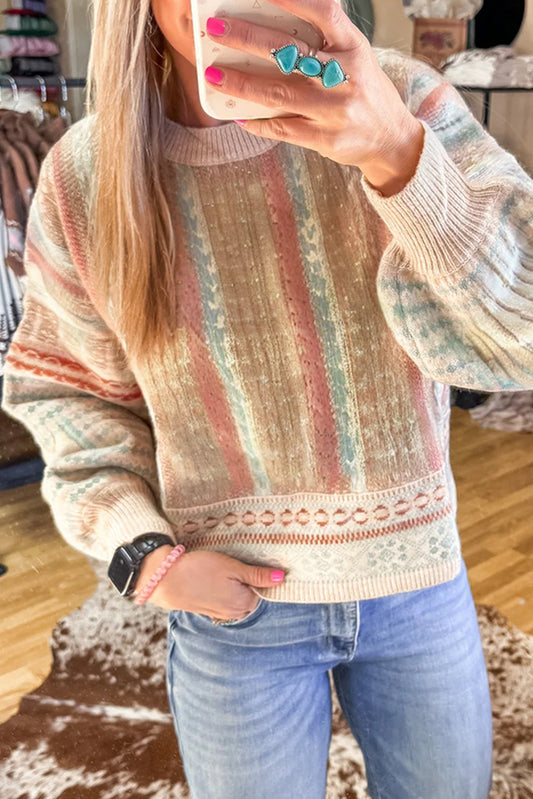Khaki Western Striped Pattern Puff Sleeve Sweater