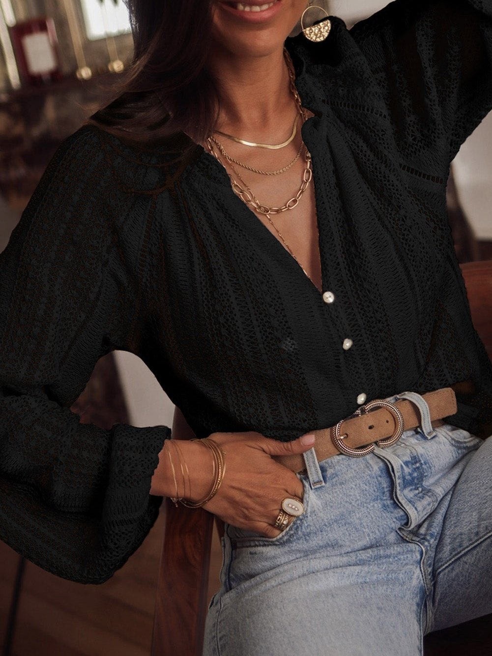 Elegant Black Lace V-Neck Button Up Blouse