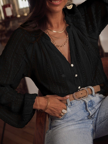 Elegant Black Lace V-Neck Button Up Blouse