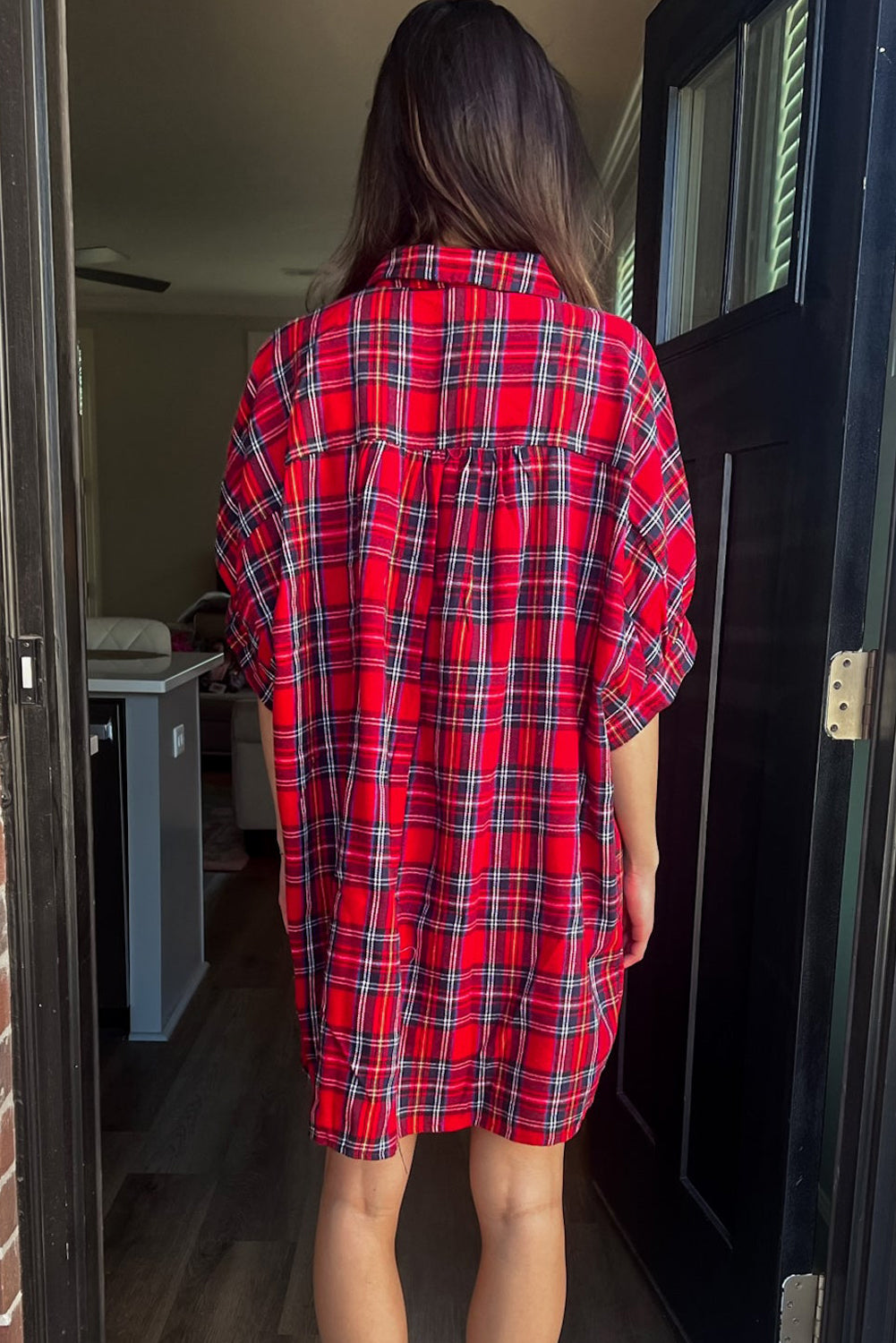 Red Plaid Half Sleeve Shift Shirt Mini Dress
