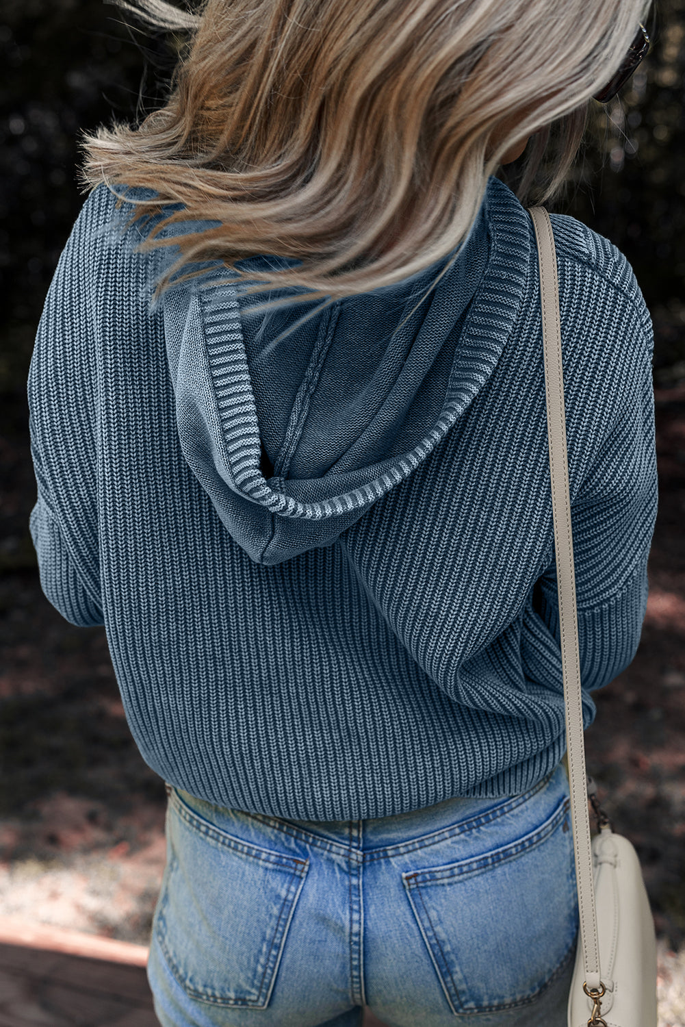 Sail Blue Mineral Wash Ribbed Knit Button Drawstring Neck Hooded Sweater