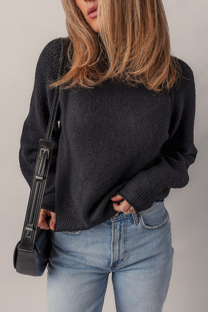 Black Solid Ribbed Knit High Neck Raglan Sleeve Sweater